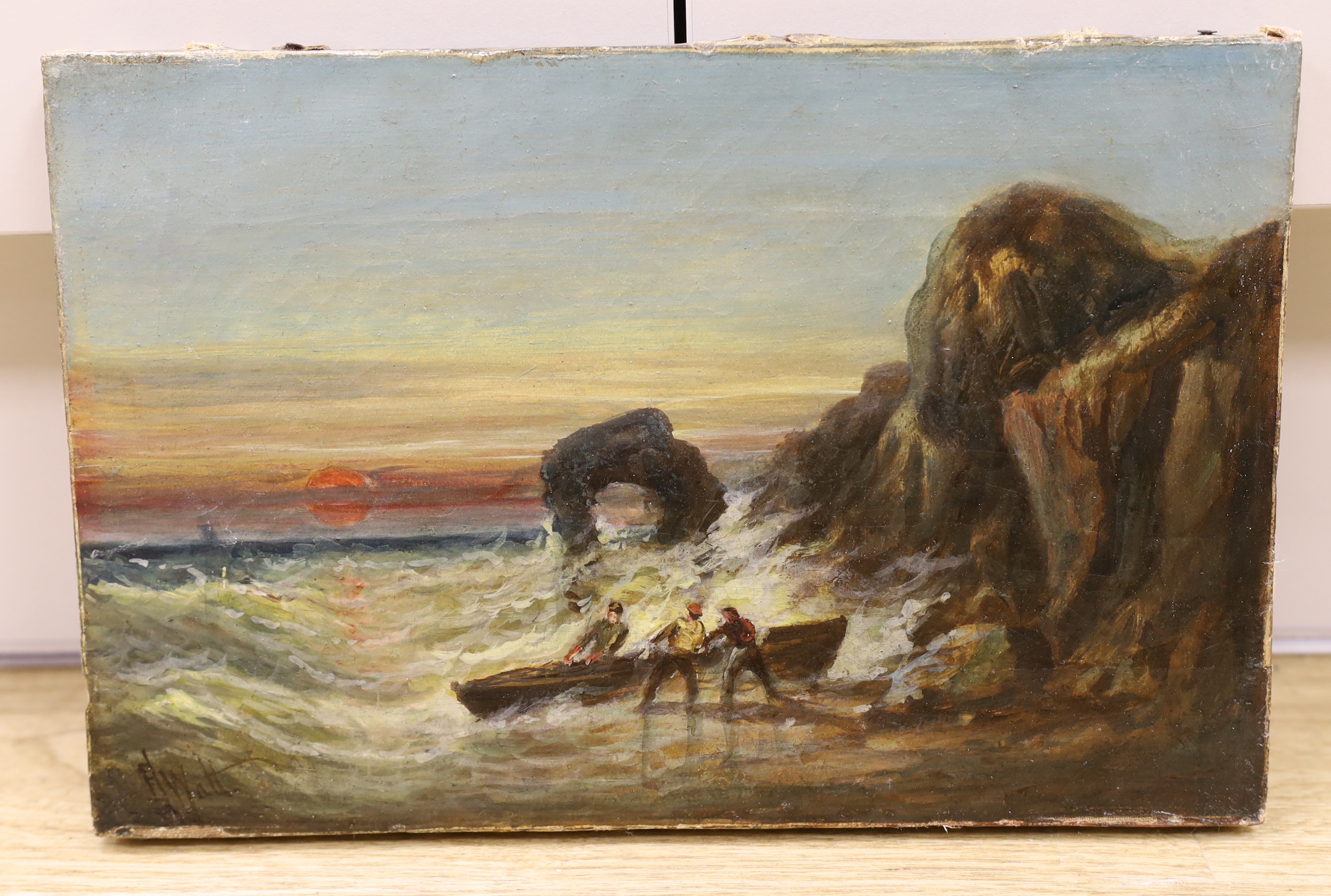 F.H. Watt, oil on canvas, Fisherman on the shore, signed, 20 x 30cm, unframed